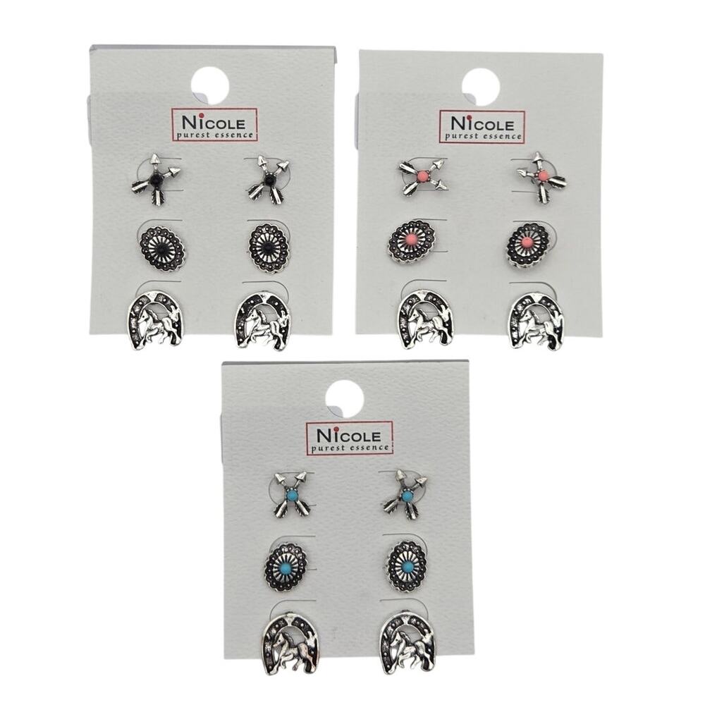 3 Sets of Southwest Horseshoe, Crossed Arrows & Medallion  Stud Earrings #CR4364